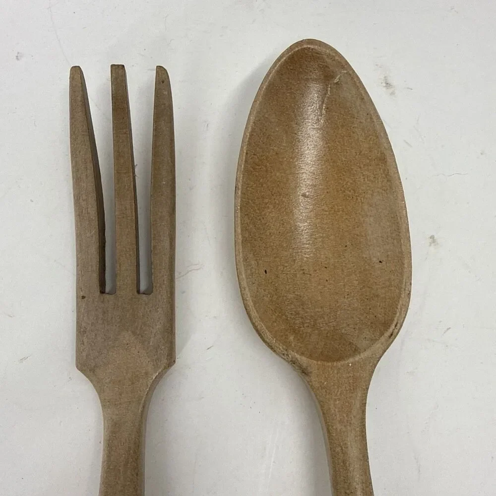 Vintage MCM Wood Spoon & Fork Wooden Rustic Salad Serving Set Mid Century Japan